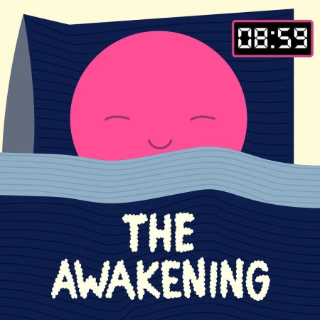 Animated image of a pink cartoon face sleeping in a dark blue bed, featuring an alarm clock showing 08:59 in the upper right corner.