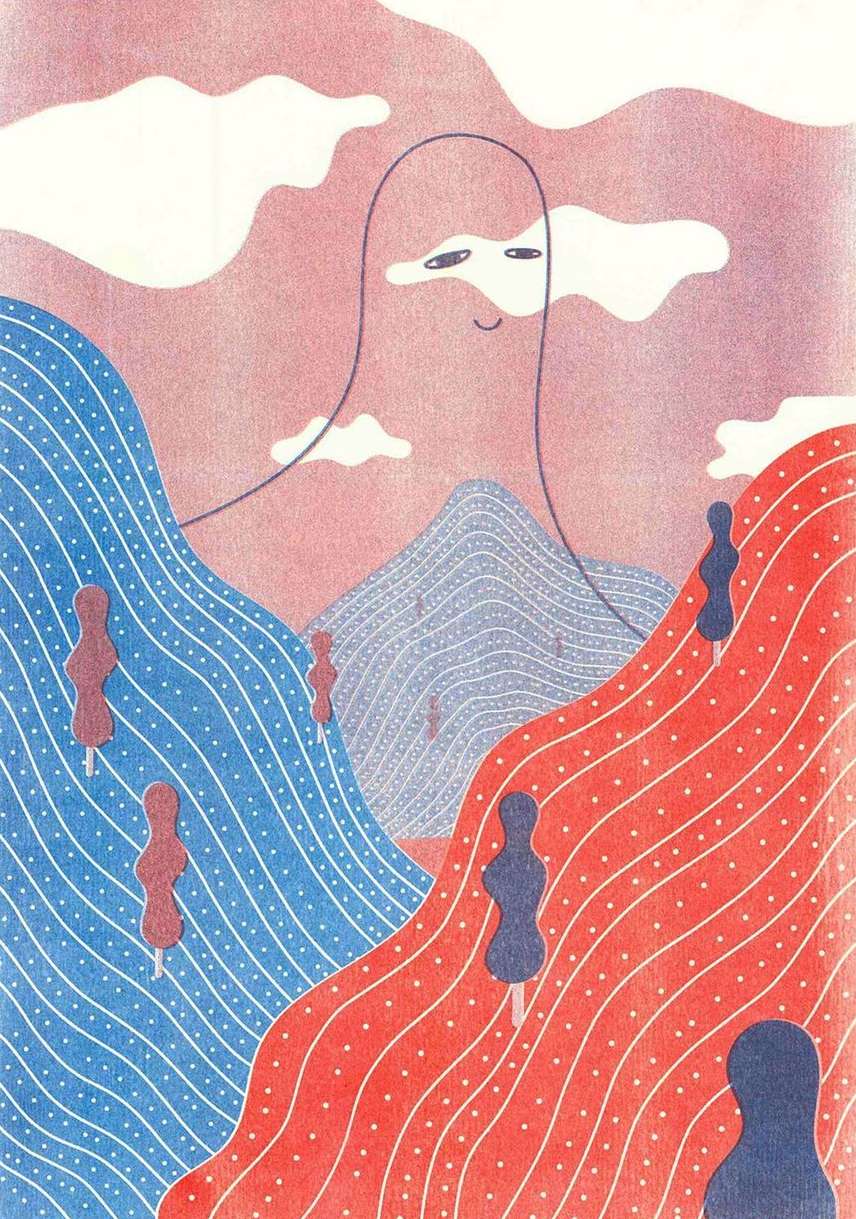 Stylized artwork features blue and red rolling hills, silhouetted figures walking, stylized trees, and a towering smiling face. Sky with clouds.