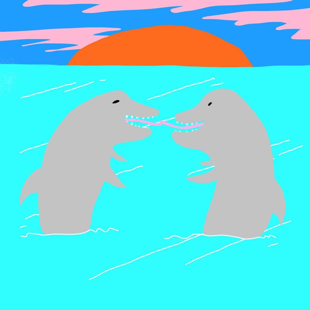 Illustration of two gray dolphins facing each other with pink tongues, set against a bright blue sea and an orange sun in the sky.