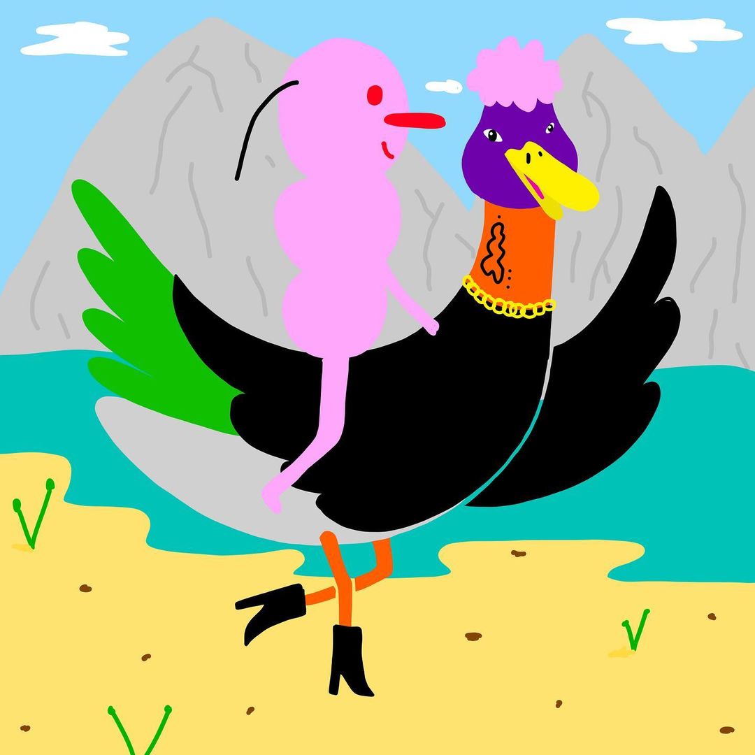 Whimsical illustration of pink character riding a black bird with orange legs and boots against a landscape with mountains and sky.