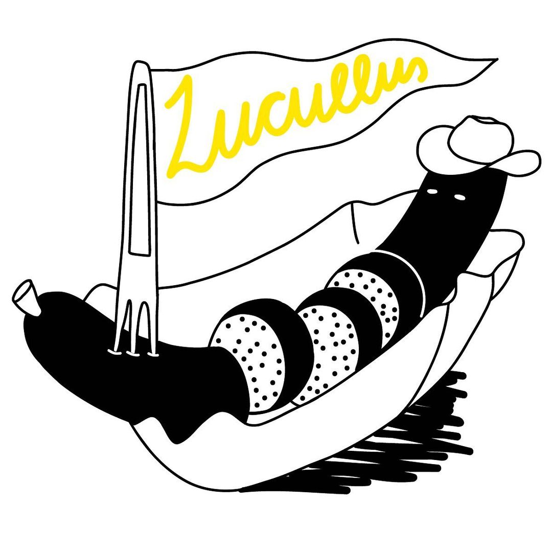 Stylized hotdog illustration featuring a black and white sausage with cut segments, topped with a cowboy hat, and a 'Lucullus' flag.