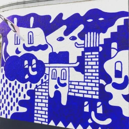 Blue and white graphic mural illustration featuring stylized characters and whimsical shapes painted on a wall.