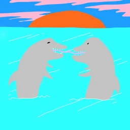 Digital illustration by Stef Mosebach featuring two grey dolphins touching tongues in turquoise water beneath a pink and orange sunset.