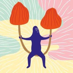 Digital illustration of a blue character holding two large orange mushroom-like stems against an abstract pastel background.