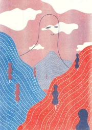 Stylized illustration of a tall, curved abstract figure set against overlapping blue and red patterned hills under a pink sky.