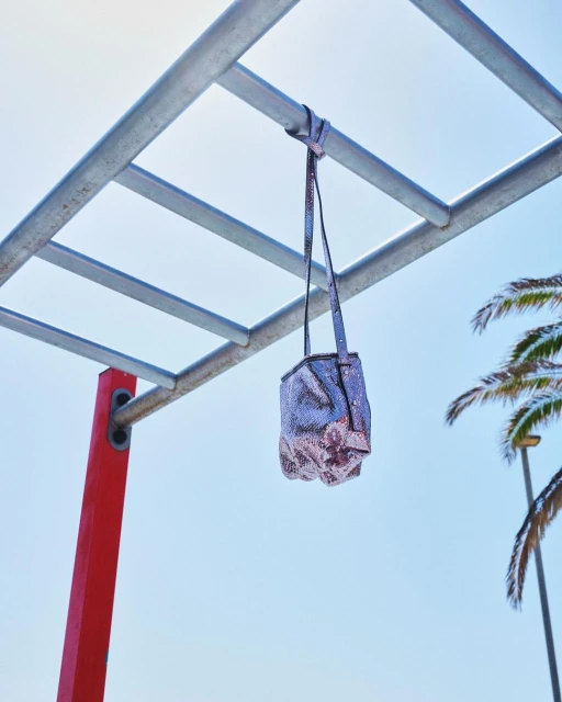 A shiny bucket bag hangs from a silver monkey bar against a blue sky, with a palm tree visible on the right of the frame.