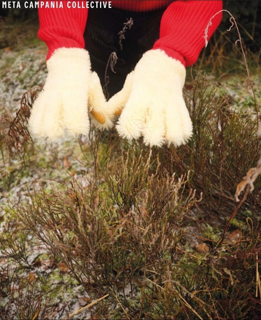 Close-up of hands in furry mittens in a snowy outdoor setting, with a red sweater cuff visible, creating a wintry and tactile scene.