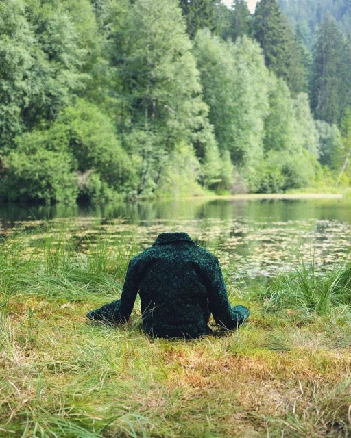 A dark green coat sits on green grass in front of a lake surrounded by lush green trees on an overcast day.
