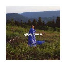 A person wrapped in a blue blanket standing outdoors in a lush green mountain landscape by Stefan Armbruster