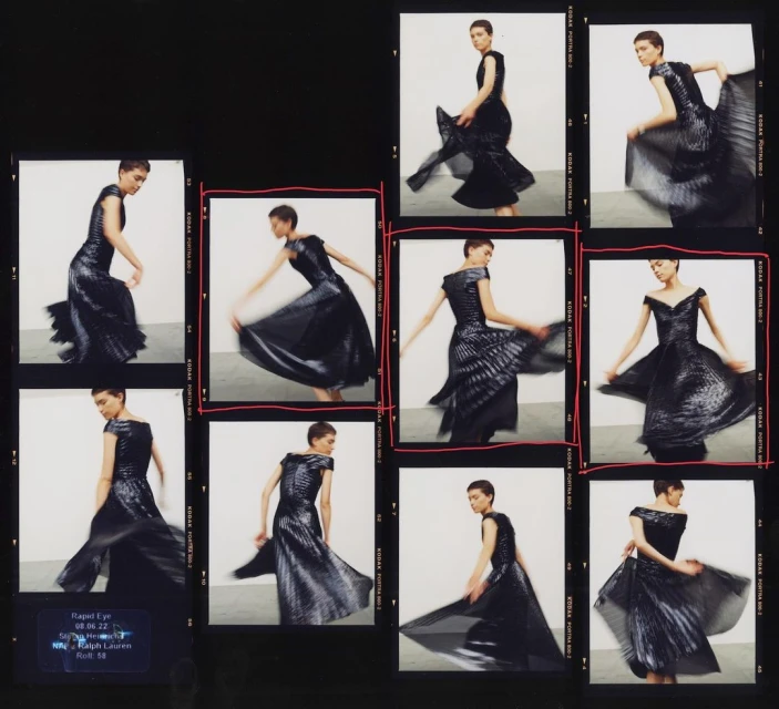 Fashion shot of a woman in a dark off-shoulder dress with a pleated skirt captured in multiple action frames with a black background.