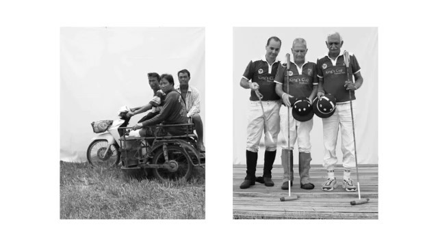 Black and white image of three men in polo attire posing with mallets, and three men on a motorcycle with a cart attached.