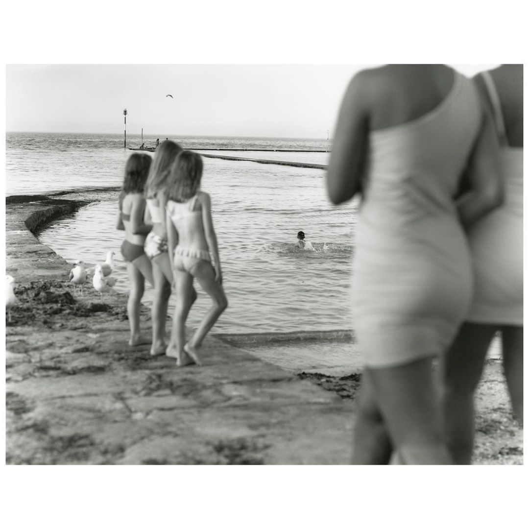 Black and white photograph of children on a concrete platform near the water's edge, with adults in the background and seagulls nearby.