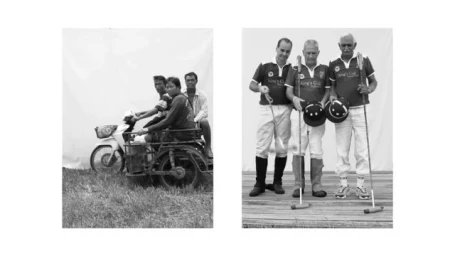Monochrome diptych showing three men on a motorcycle sidecar on the left and three polo players holding mallets on the right