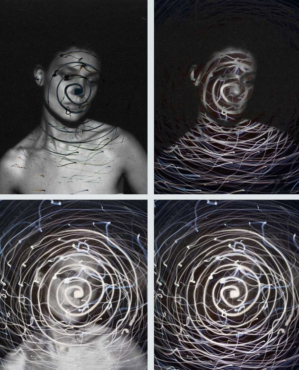 Monochrome artistic portrait of a woman with abstract spiral patterns across her face and shoulders in a striking, creative composition.