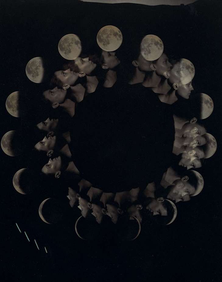 Conceptual dark photo montage featuring a repeating head in profile and phases of the moon arranged in a circular frame on a black background.