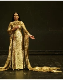 A woman wearing a shimmering gold sequin gown with long flowing sleeves standing on a dark stage.