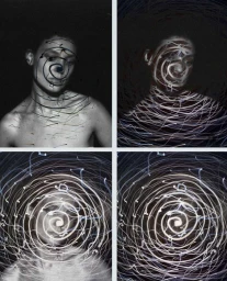 Four-panel photographic grid featuring a portrait of a woman overlaid with swirling linear patterns of light and dark marks by Stefan Milev.