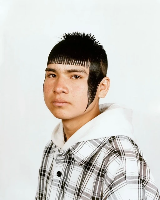 Portrait of a young man with unique black hair and a white and black plaid shirt posing indoors against a plain white background.