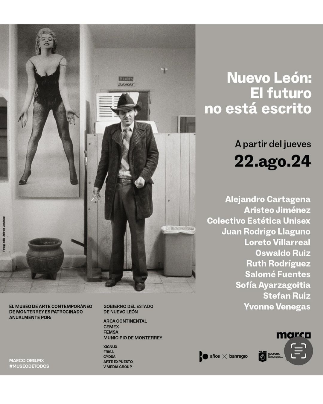 Black and white museum advertisement poster featuring a man in a suit with an iconic Marilyn Monroe image alongside event details.