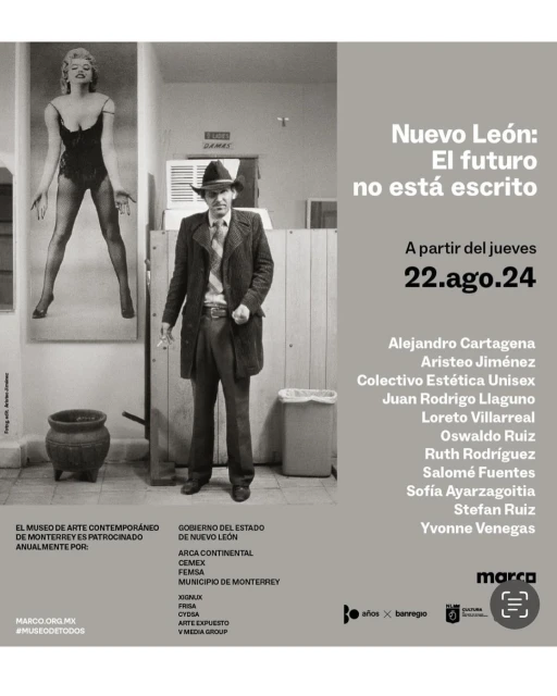 Black and white museum advertisement poster featuring a man in a suit with an iconic Marilyn Monroe image alongside event details.