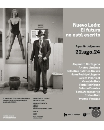 Black and white museum advertisement poster featuring a man in a suit with an iconic Marilyn Monroe image alongside event details.