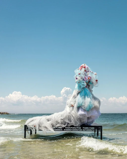 Conceptual fashion shoot of a dress made of tulle and flowers on a metal frame platform in the ocean under a blue sky with clouds.