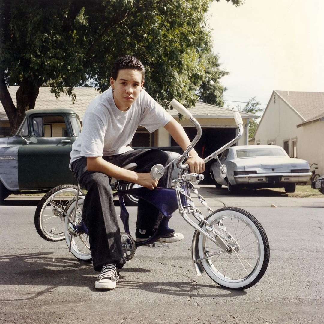 Young man poses confidently with a purple lowrider bicycle on a sunny suburban street, framed by vintage cars and neat houses.