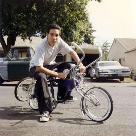 Young man poses confidently with a purple lowrider bicycle on a sunny suburban street, framed by vintage cars and neat houses.