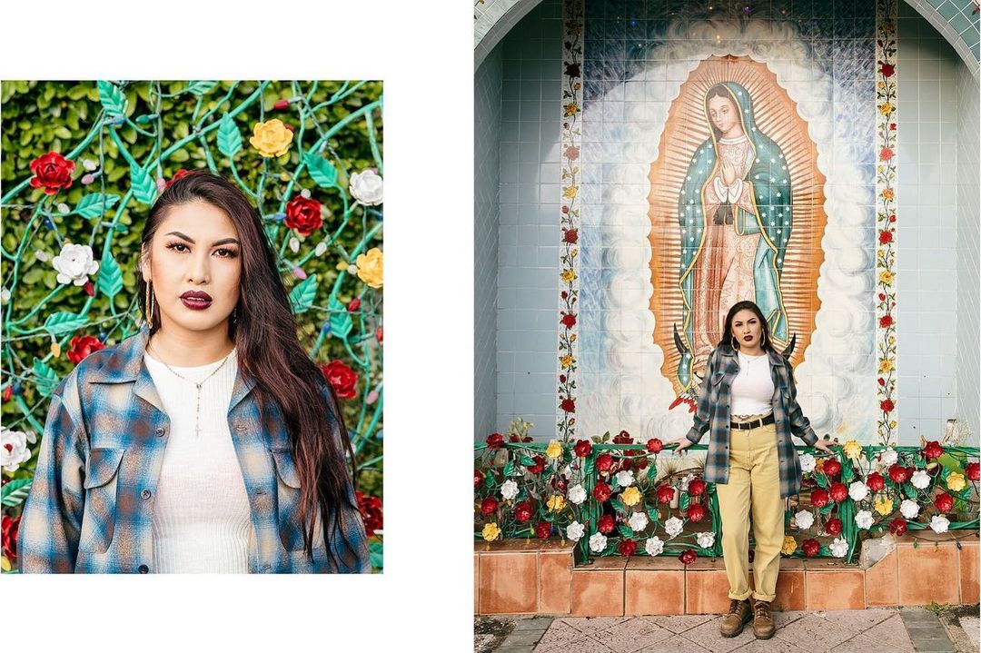 Two portraits of a woman wearing a flannel shirt; one poses in front of a flower wall and the other in front of a Virgin Mary mural.
