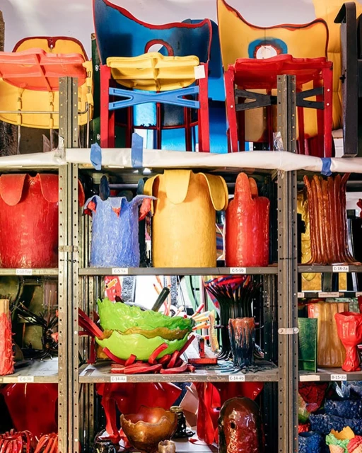Artistic display of colorful chairs and vase-like pots arranged on metal shelving, creating a visually striking and organized presentation.