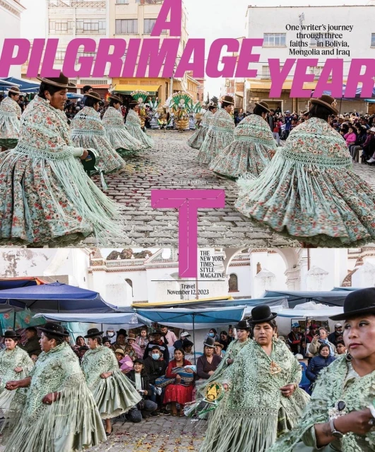 Women in traditional Pollera dresses dance in an urban plaza, creating a vibrant display of Bolivian culture and fashion.