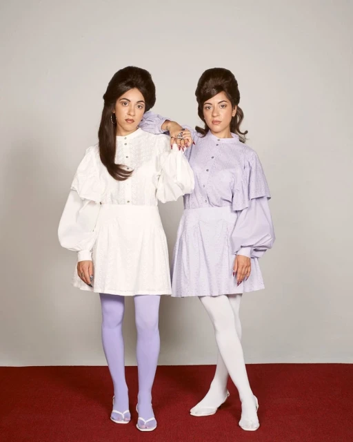 Two women in vintage-inspired dresses with bouffant hairstyles pose in a studio against a neutral backdrop, one with lilac tights and the other with white.