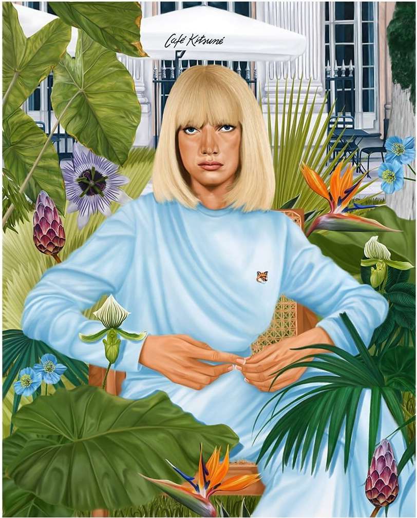 Illustration of a person with blonde hair wearing a light blue shirt surrounded by tropical plants and flowers in an outdoor cafe setting.