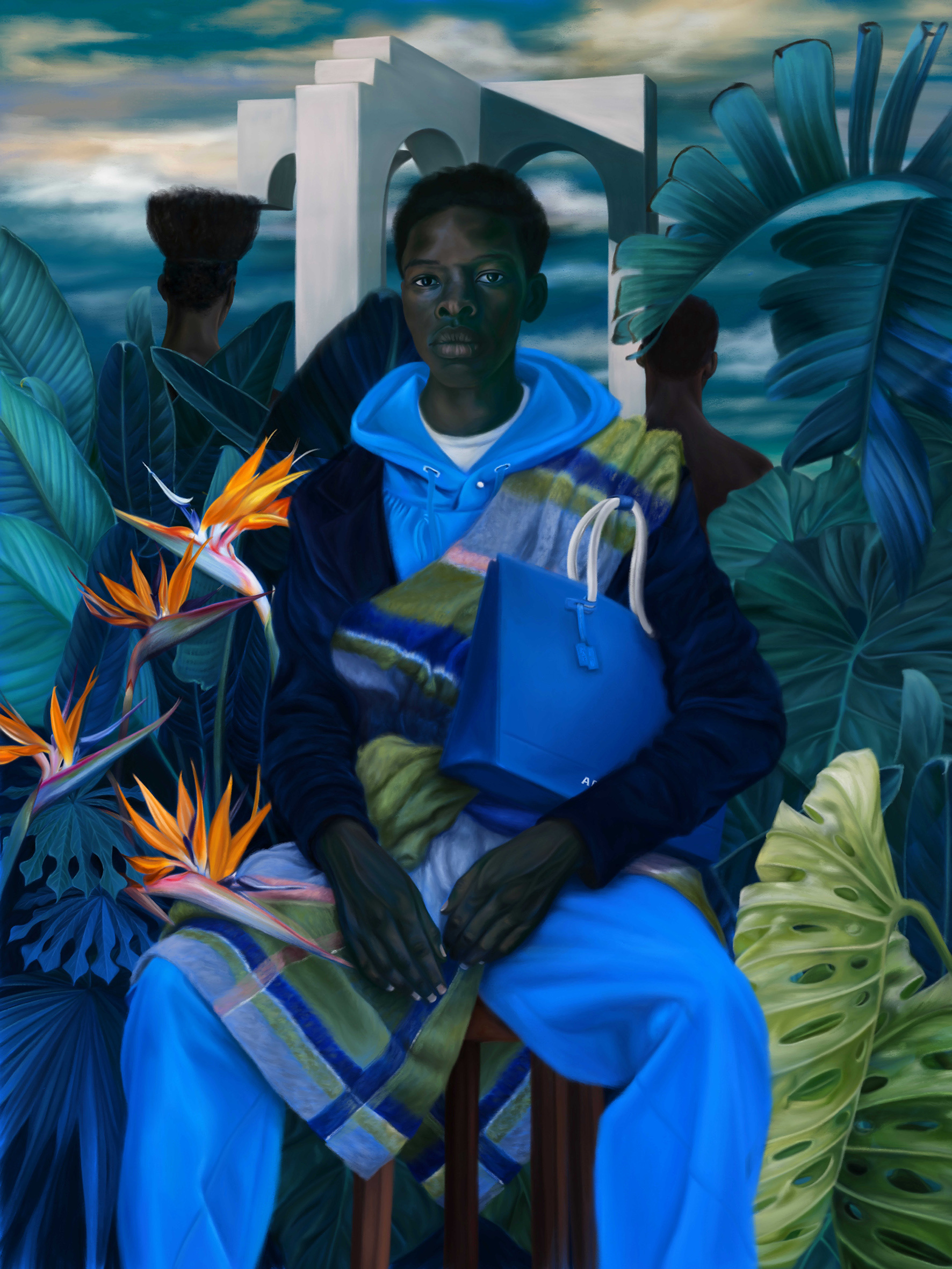 Painting of a Black man sitting in blue clothing, with tropical foliage, an architectural structure, and two other figures in the background.