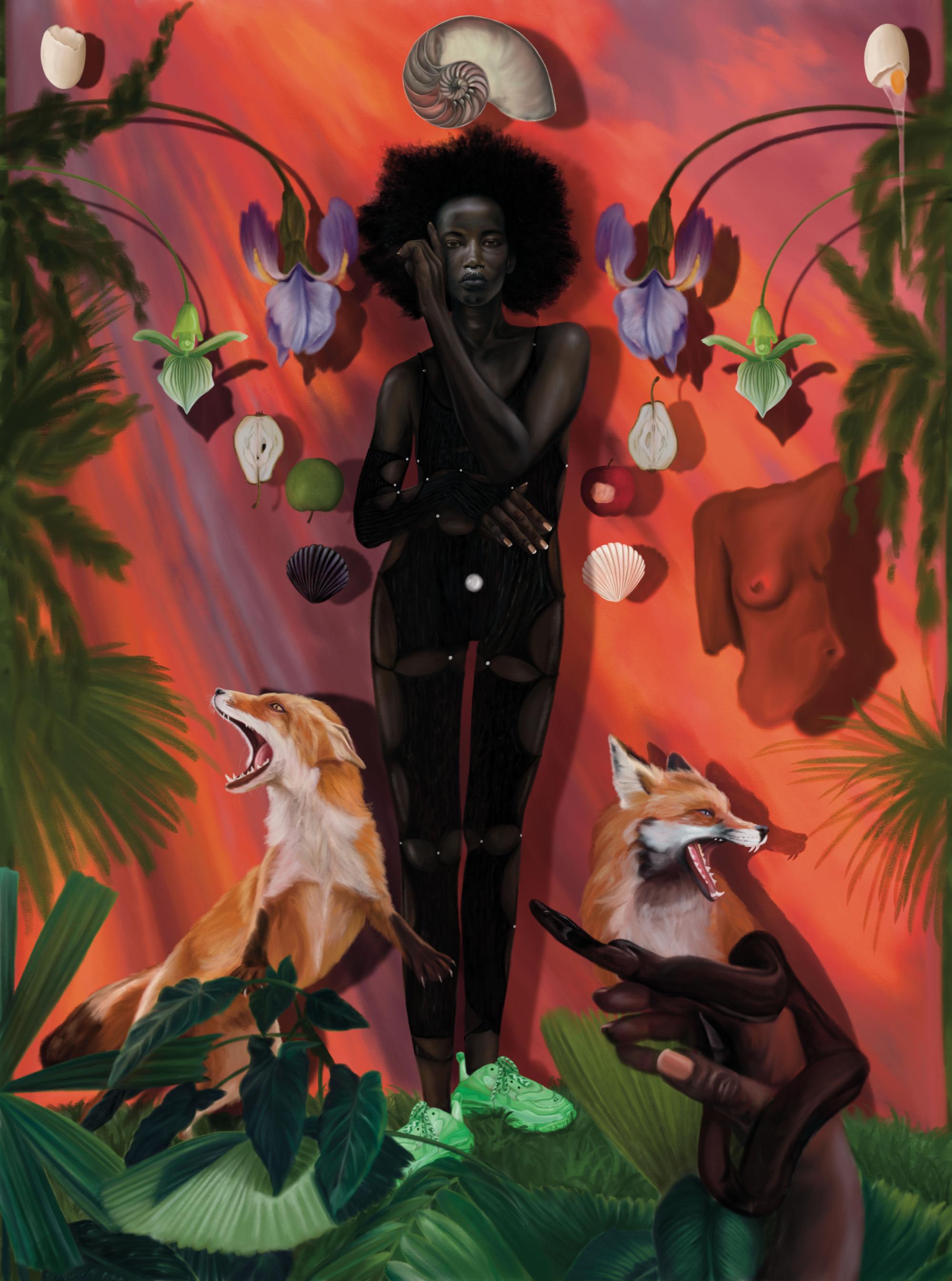 Surrealist digital painting of a woman surrounded by foxes, flowers, shells, and greenery against a gradient orange-red background.
