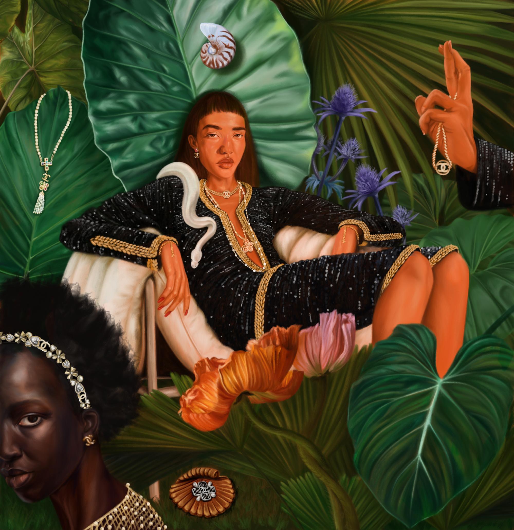 An artistic painting shows two Black women and an Asian woman adorned in jewelry and designer clothing, set amidst a backdrop of vibrant tropical flora.