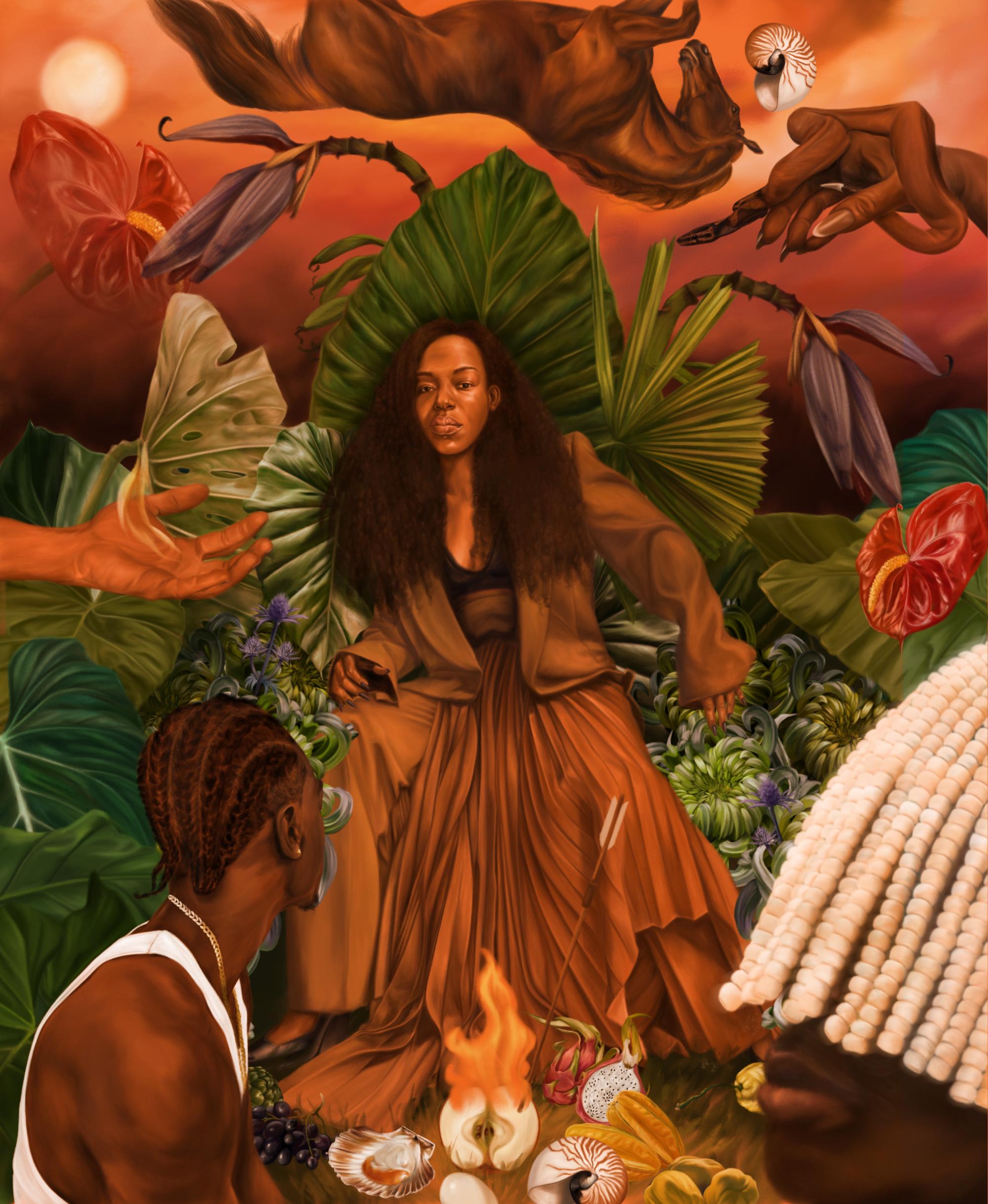 Illustration: Woman in dress seated amid plants, fruit, and hands reaching down, painted in warm colors, with one man visible.