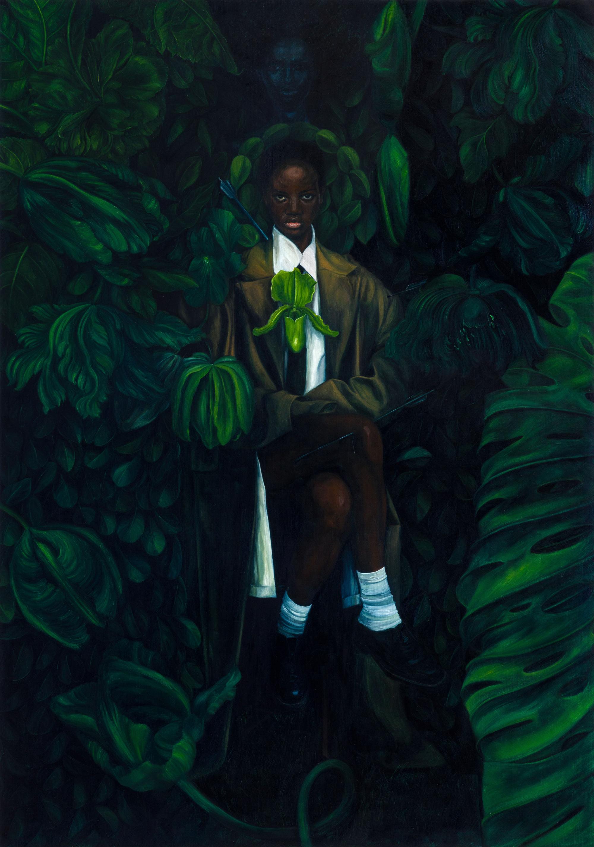 Painting of dark-skinned woman in a trench coat, seated amid lush, vibrant green vegetation with a humanoid shape in the background.
