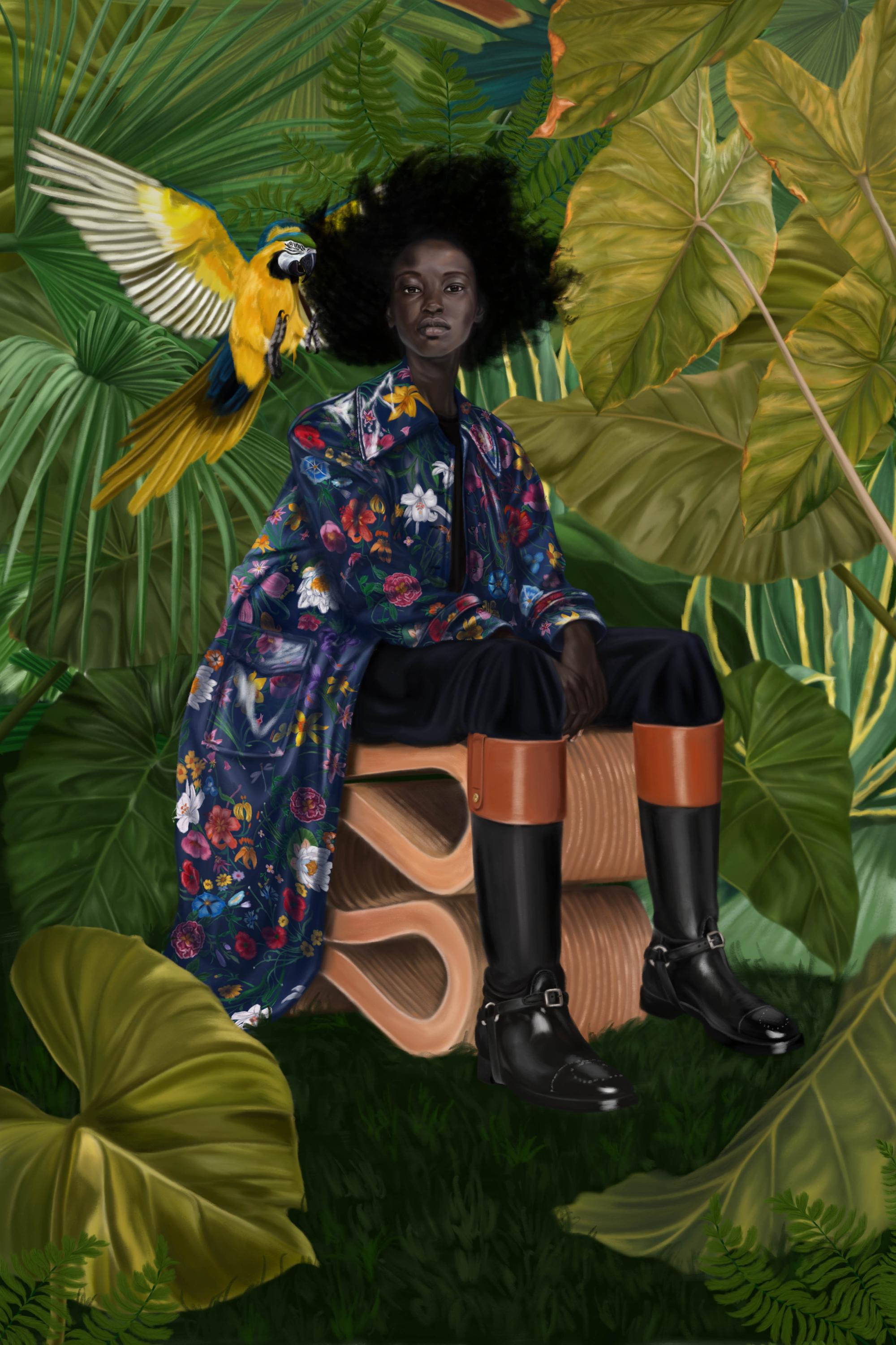 Illustration of a Black woman in a floral jacket and boots, seated near a yellow parrot against a lush green leafy background.