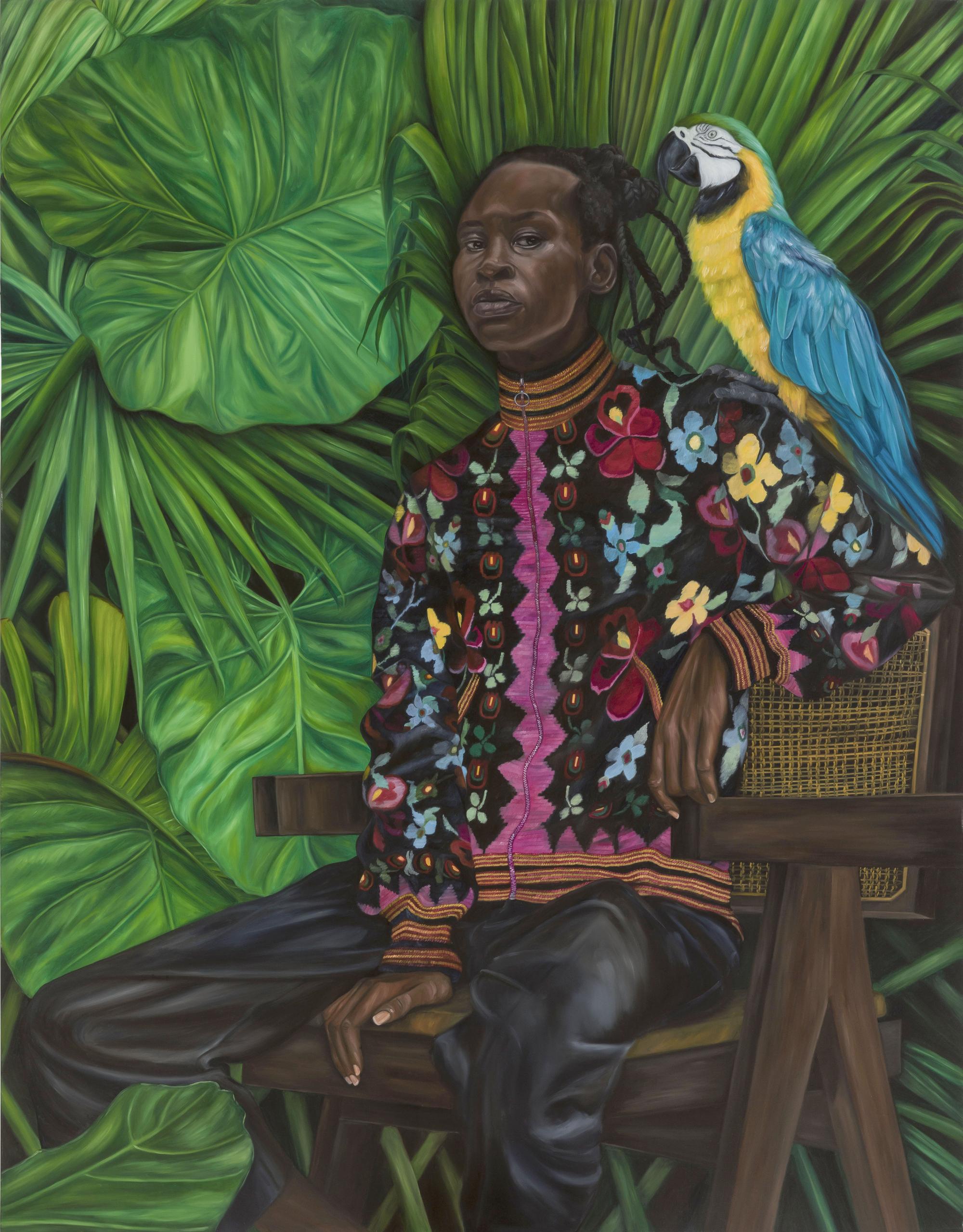 Painting of a dark-skinned individual seated next to a parrot amid lush greenery, wearing a patterned jacket and black pants.