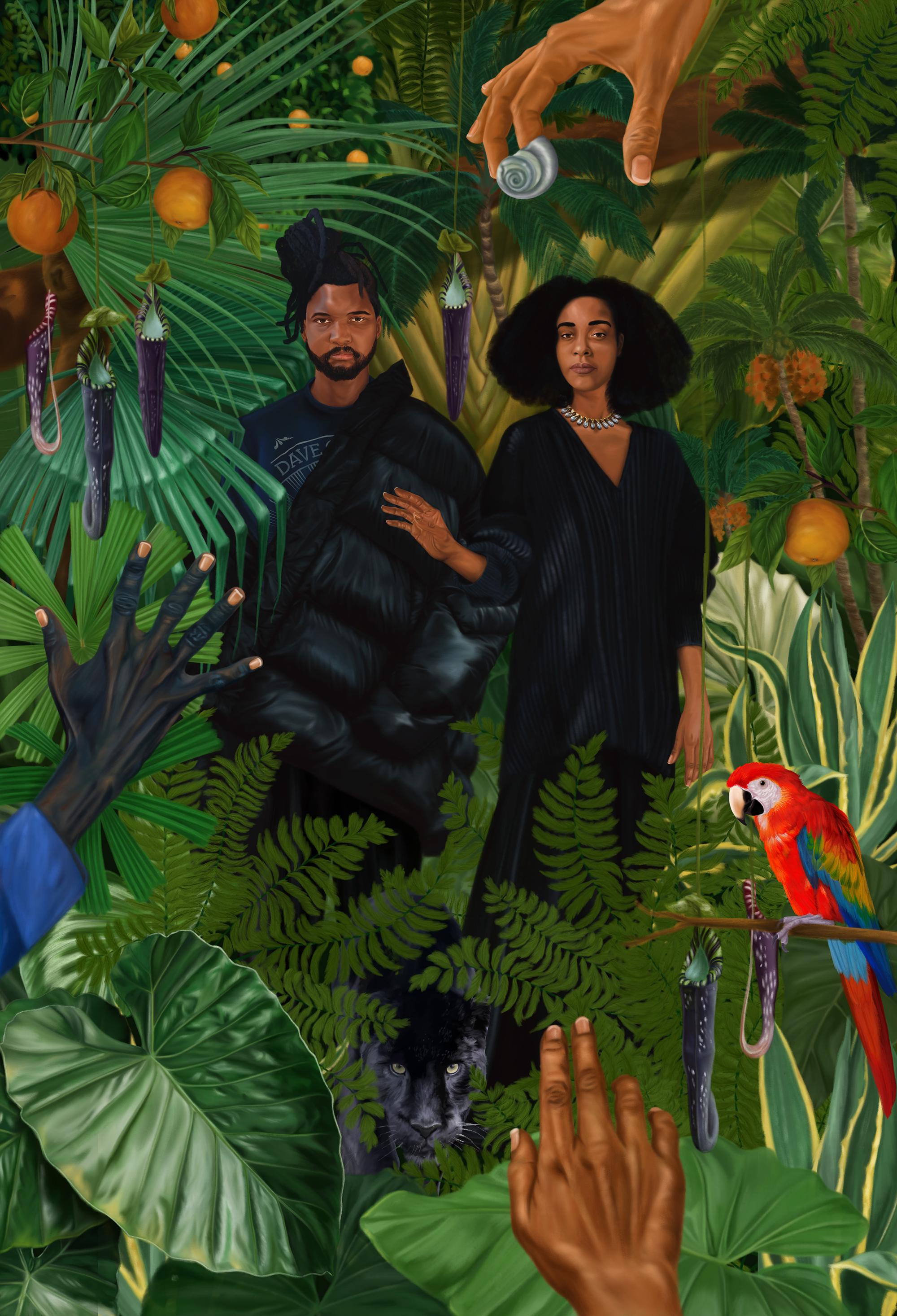Illustration of a man and woman standing in a jungle setting with tropical plants, a parrot, and disembodied hands reaching down.