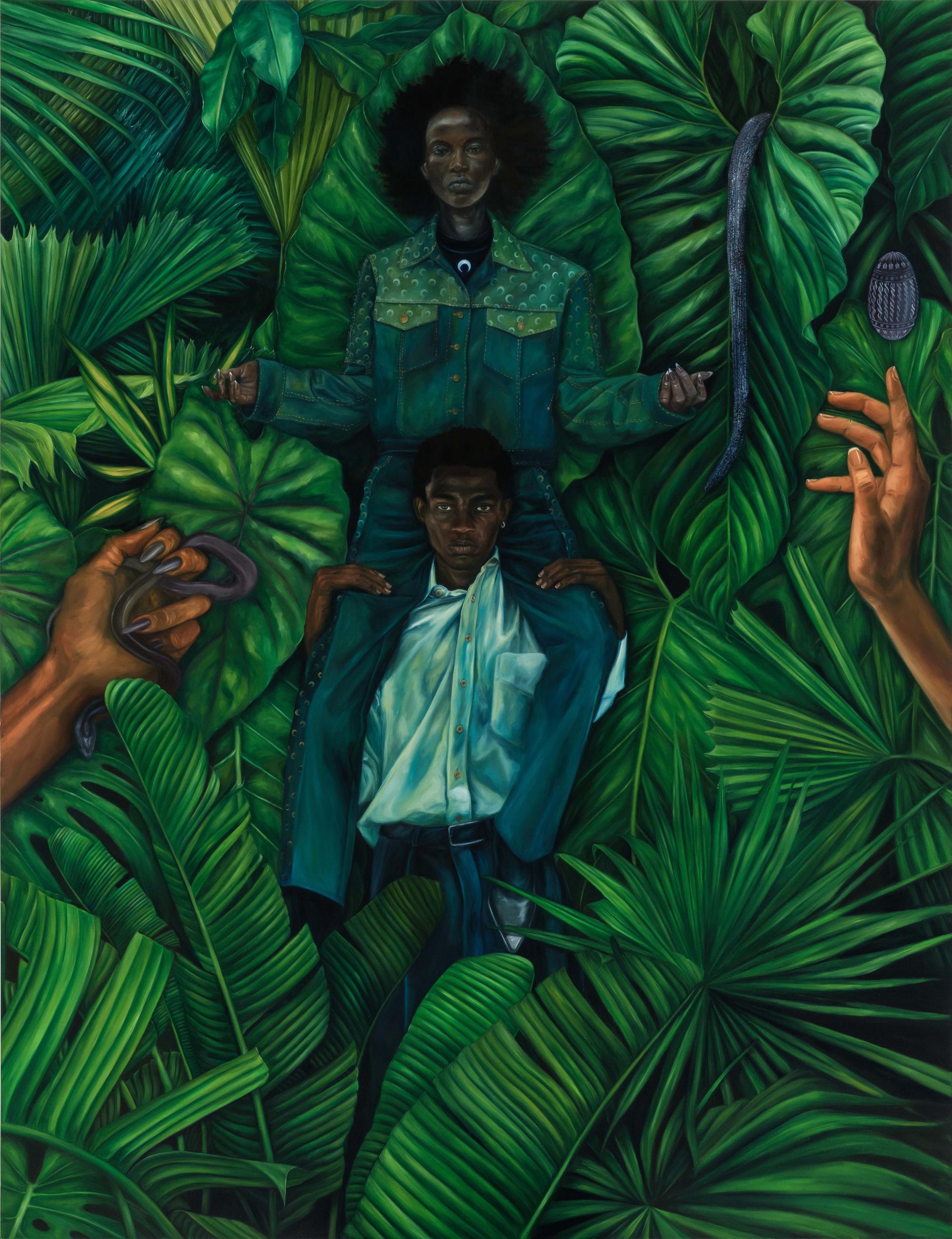 Painting of two Black people surrounded by green tropical leaves. One adult carries another smaller adult on their shoulders.