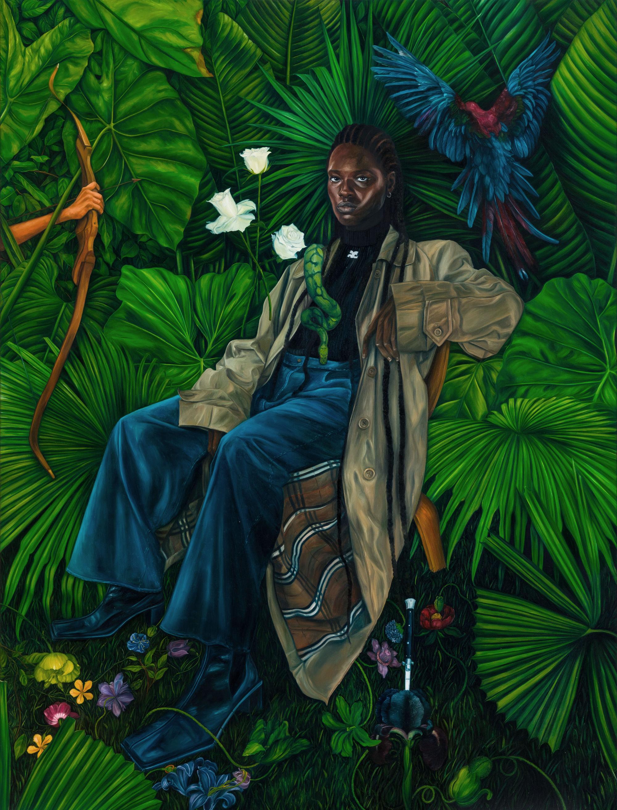 Painting of a Black woman in a trench coat seated among vibrant green tropical leaves, white flowers, and a colorful parrot.