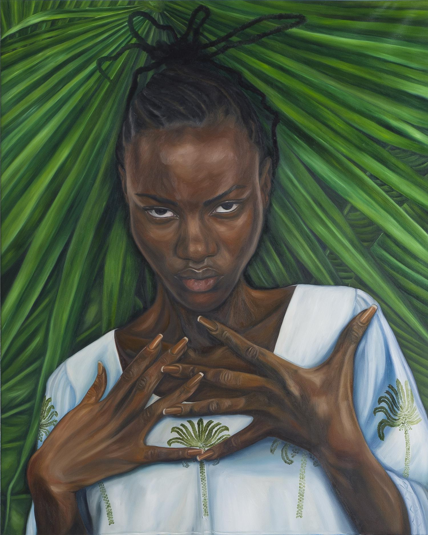 Portrait of a dark-skinned woman in a white top with green embroidery, against a backdrop of vibrant green palm fronds in an art painting.