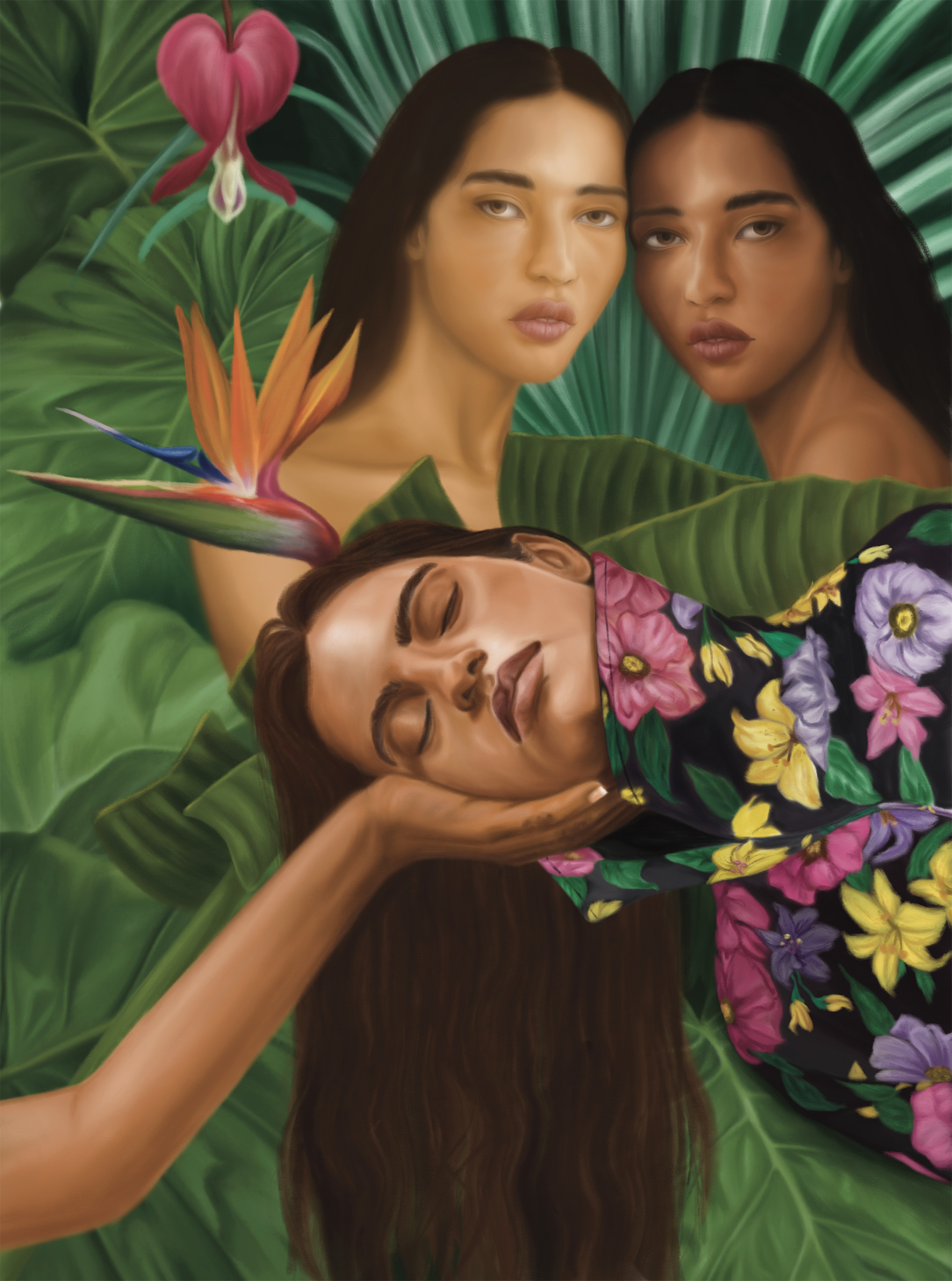 Painting of three women with long brown hair, green tropical foliage, Bird of Paradise flower, and Bleeding Heart flower in a painterly style.