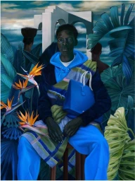 Illustration of a seated black man wearing a blue hoodie holding a blue handbag surrounded by tropical foliage and birds of paradise.