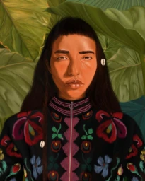 Portrait illustration of a woman wearing a dark patterned jacket against a backdrop of lush green tropical leaves.