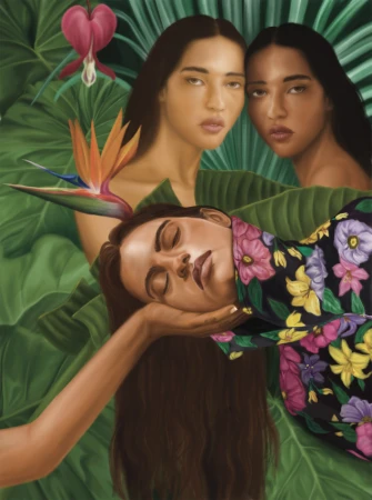 Surreal digital painting by Stefania Tejada featuring three women surrounded by lush tropical foliage and exotic flowers.