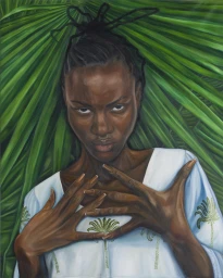 Oil painting portrait of a Black woman with braided hair holding her hands up against vibrant green palm leaves