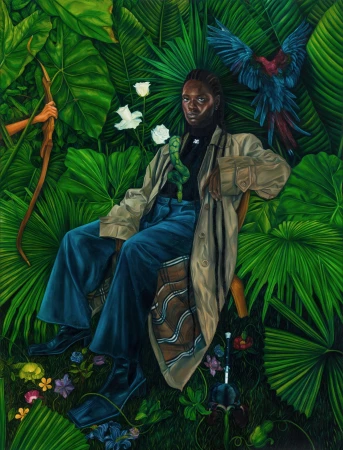 Illustration by Stefania Tejada featuring a seated woman surrounded by lush jungle foliage, a blue parrot, and white flowers.